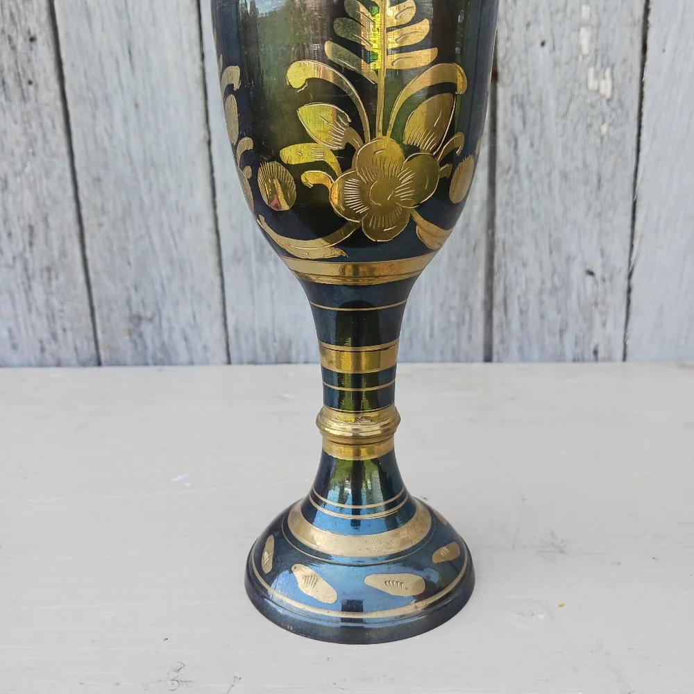 Etched Brass Vace‎ Vintage Hand Made Floral Engraved Boho Gold Made In India